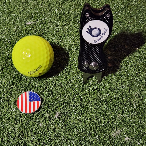 Image of Good Golf Star Magnetic Hat Clip USA Golf Ball Marker Switch Blade Divot Repair Tool