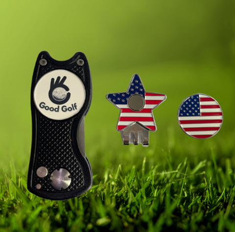 Image of Good Golf Star Magnetic Hat Clip USA Golf Ball Marker Switch Blade Divot Repair Tool