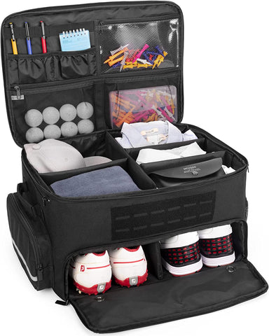 GOBUROS Golf Trunk Organizer Storage with Separate Compartment for 2 Pair Shoes Up to US Mens 16, Golf Car Locker Organizer for Balls, Tees, Clothes, Gloves, Accessories