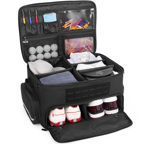 Image of GOBUROS Golf Trunk Organizer Storage with Separate Compartment for 2 Pair Shoes Up to US Mens 16, Golf Car Locker Organizer for Balls, Tees, Clothes, Gloves, Accessories